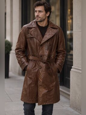 Vintage Lakeland Brown Leather Trench Coat 38 Belted 70s